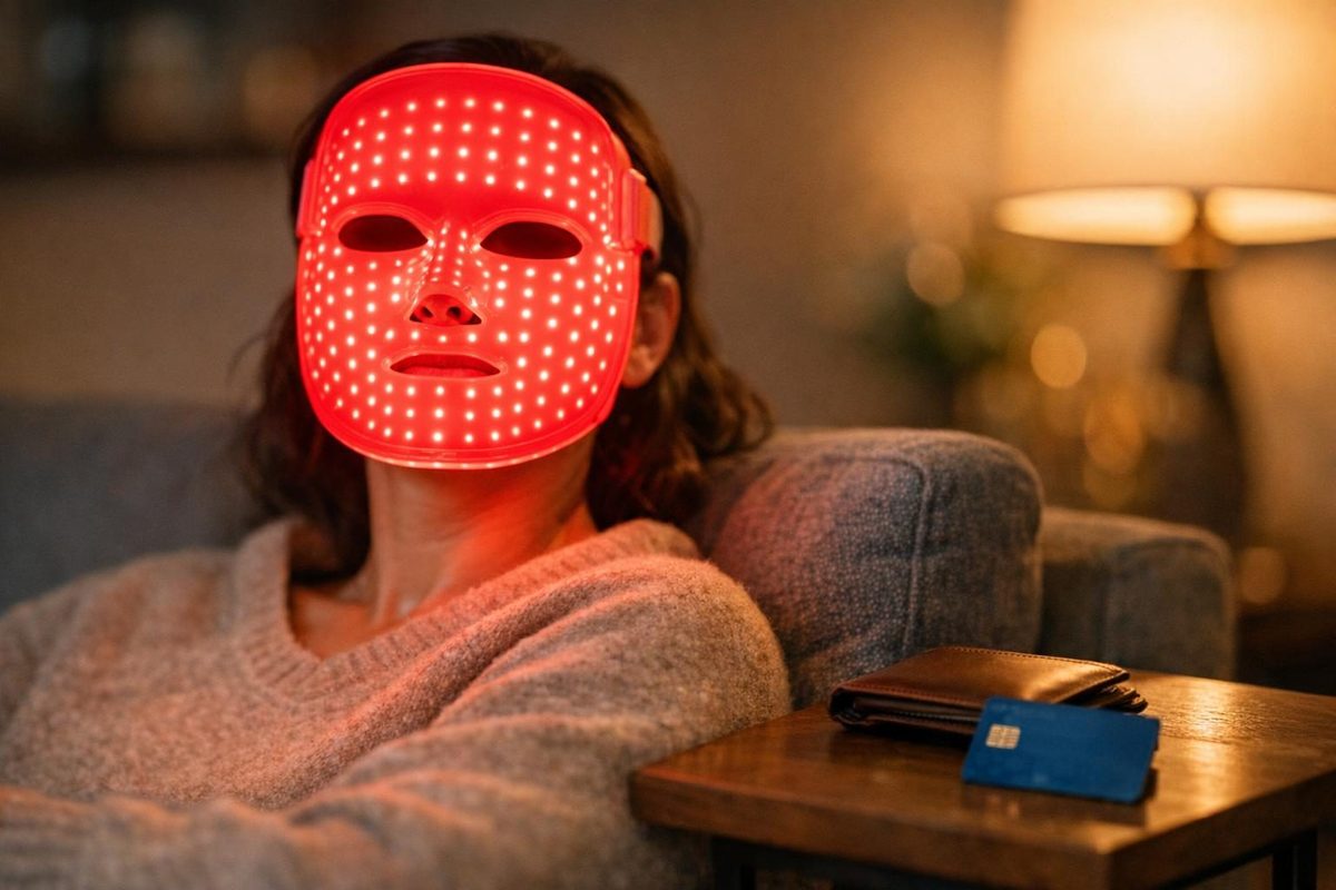 Person wearing a red LED light therapy face mask at home, with an HSA card nearby