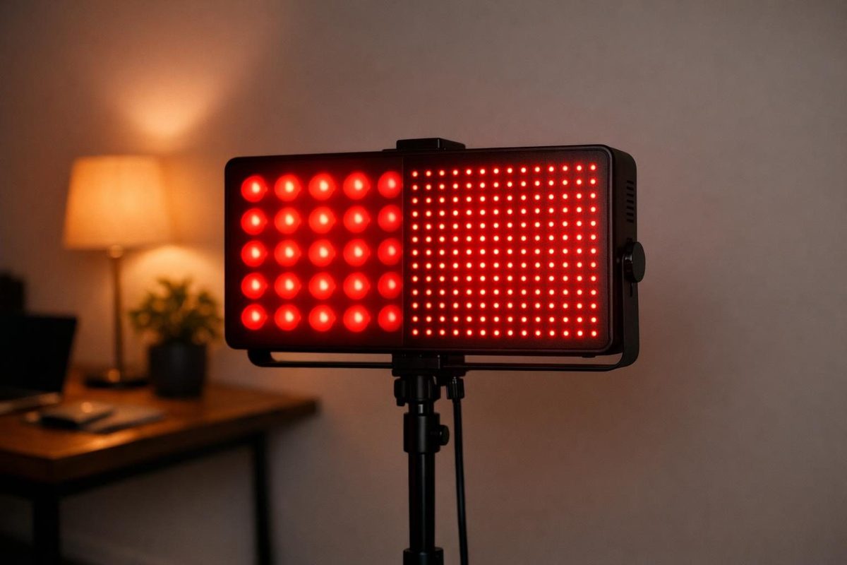 Red light therapy panel displaying pulse frequency modes for 10 Hz and 40 Hz treatments