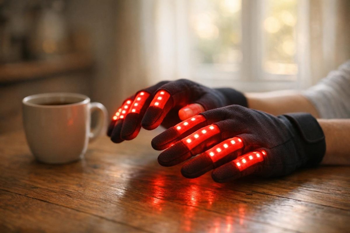 Hands wearing red light therapy gloves with glowing LEDs to relieve arthritis pain