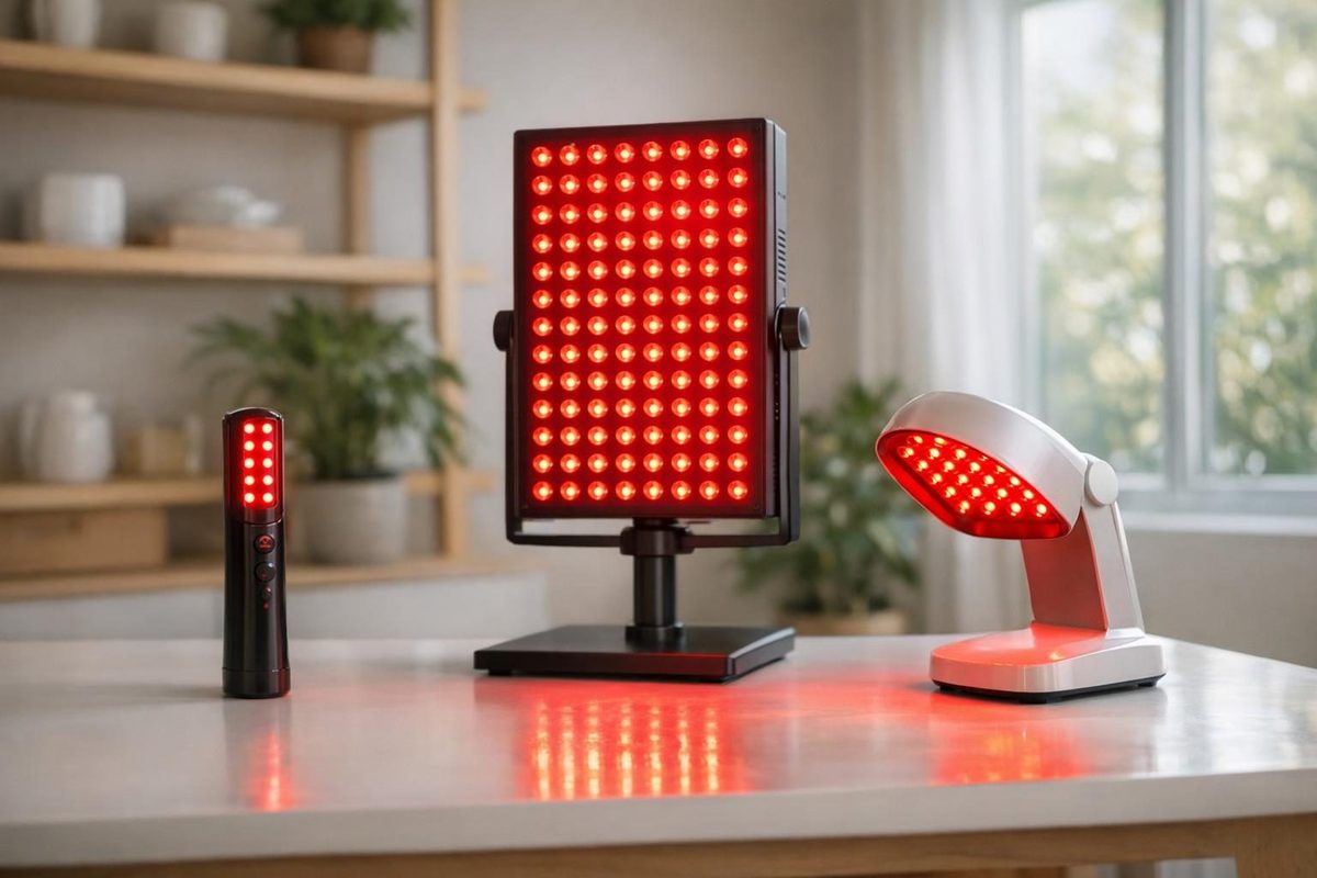 Collection of red light therapy devices including panels and lamps glowing on a tabletop