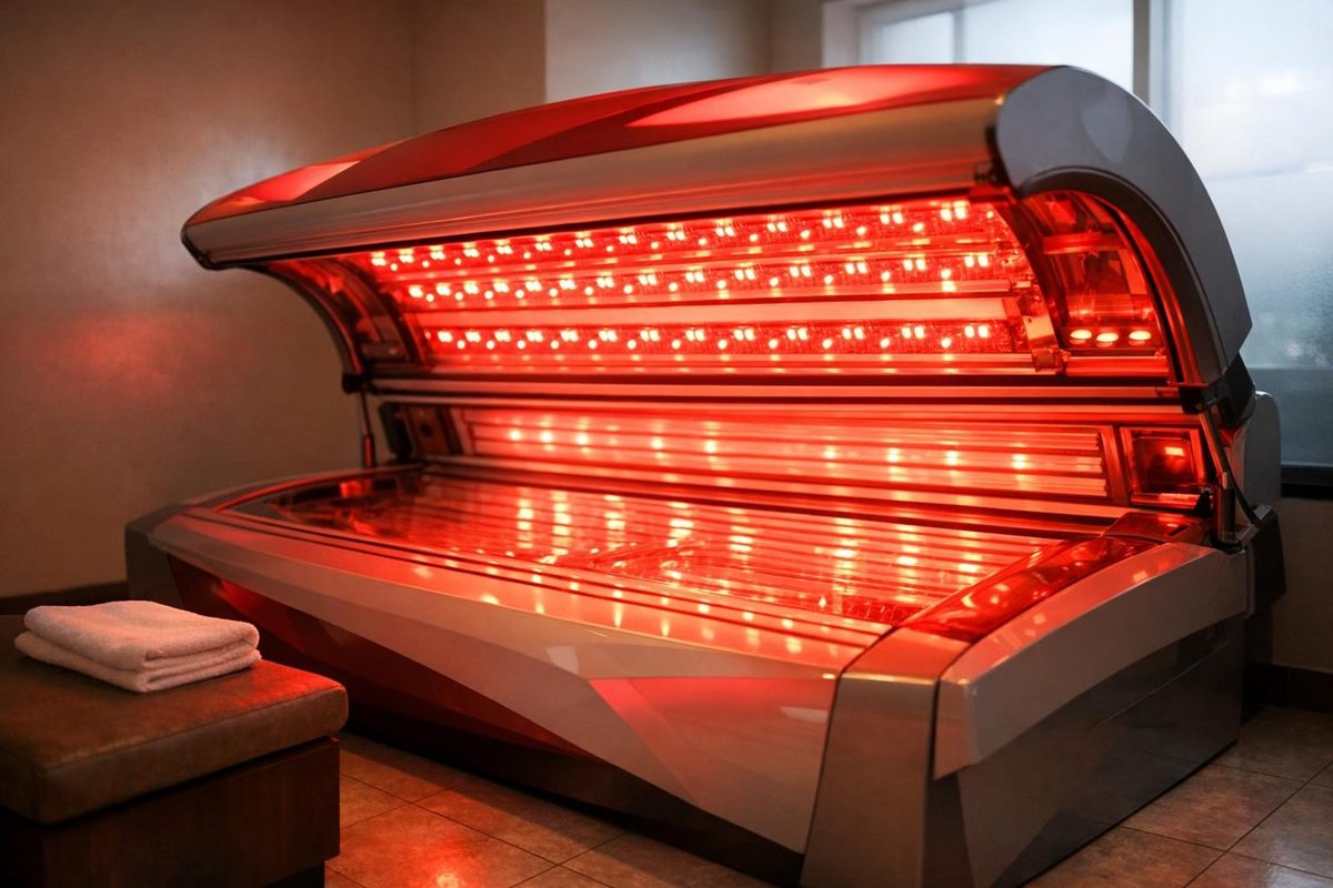 Hybrid red light therapy tanning bed with red LEDs glowing inside a modern salon