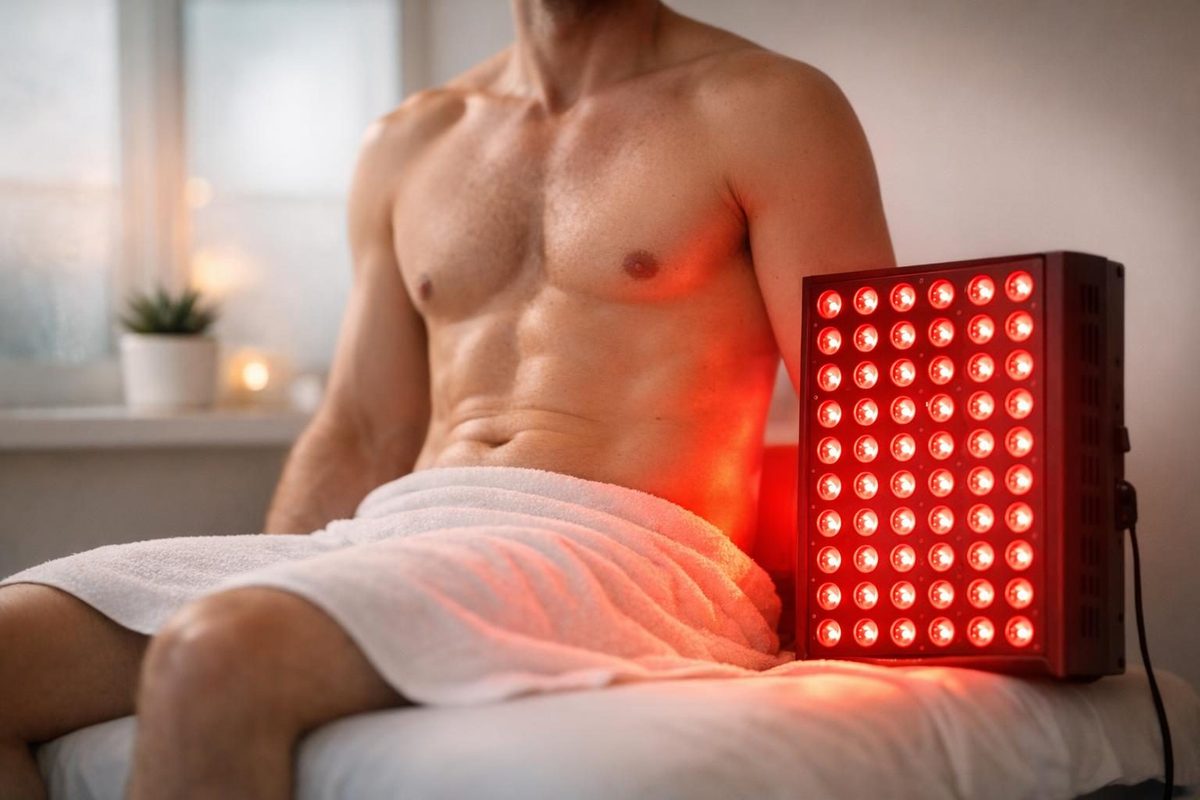 Red light therapy panel positioned near a person during a testosterone support session